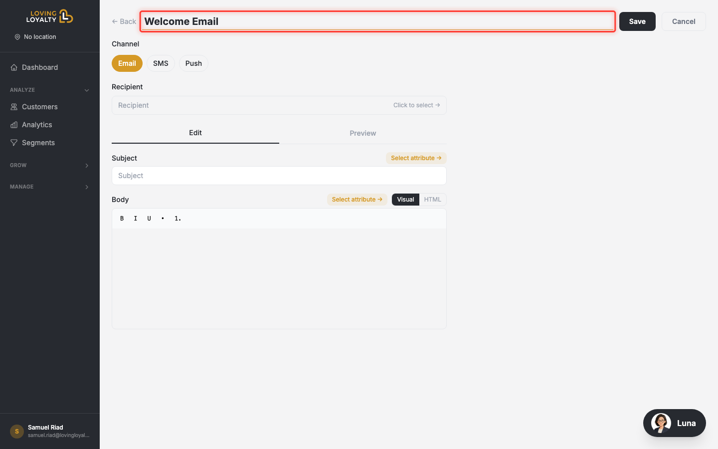 Template name field highlighted
