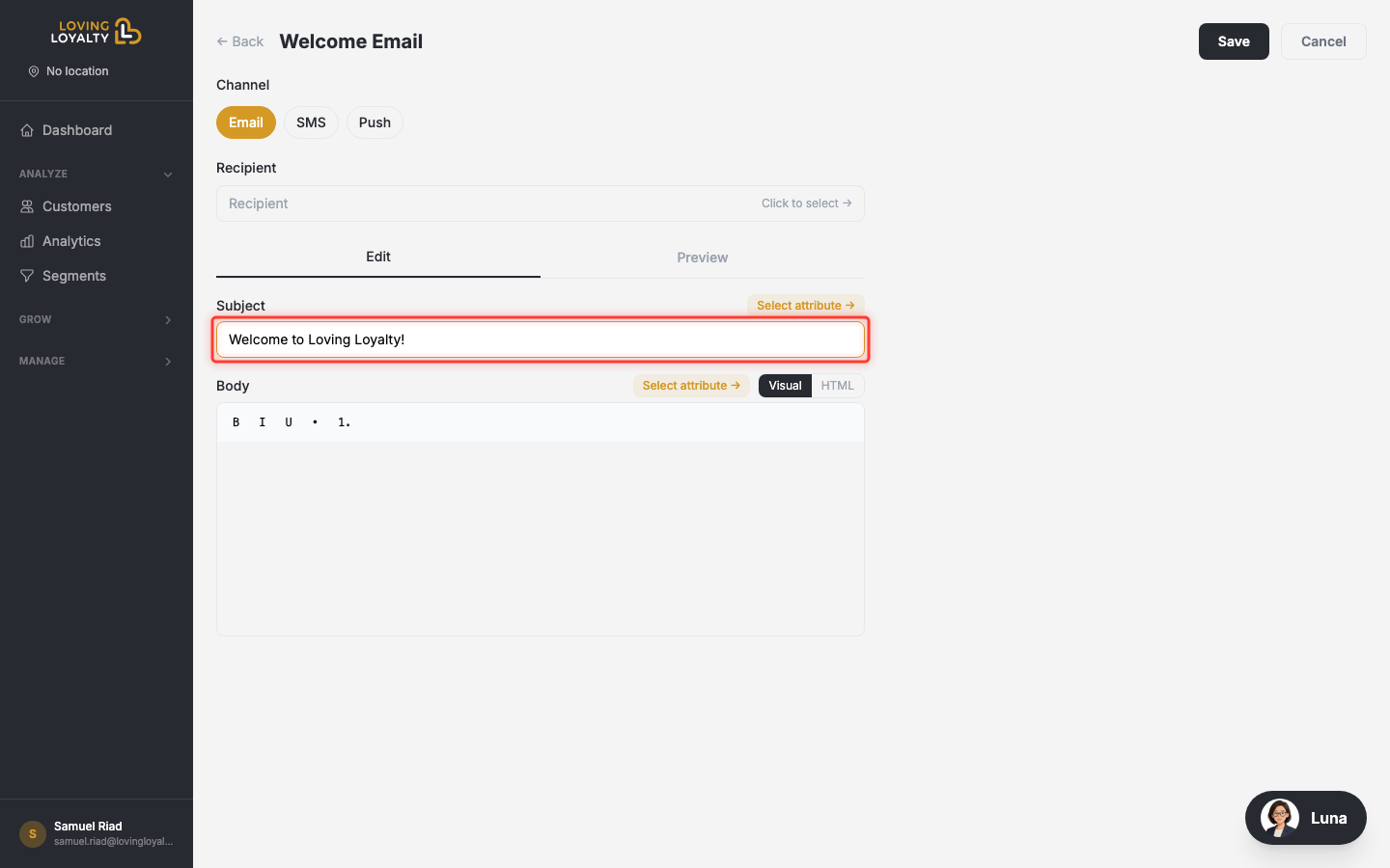 Subject line field highlighted