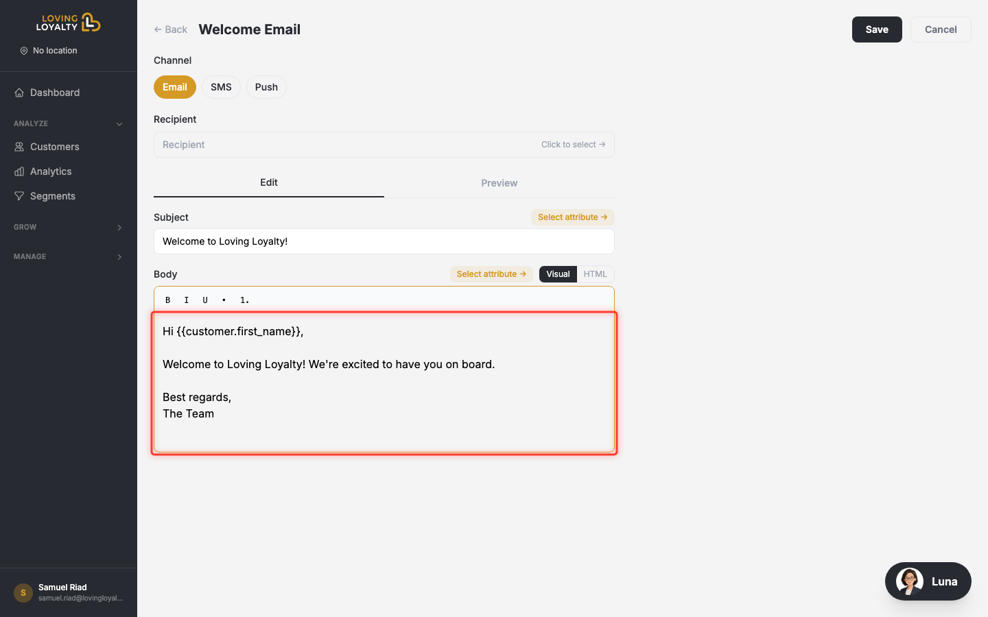 Body editor with message content