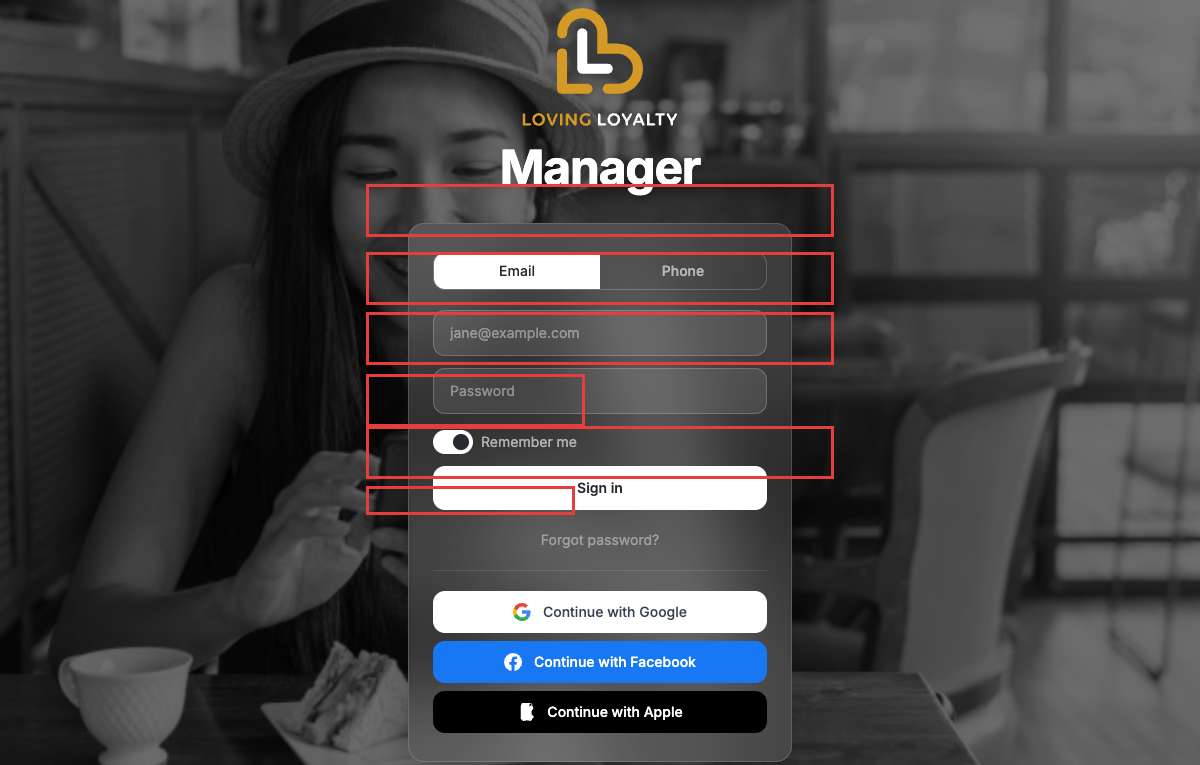 Login page showing email and password fields, Sign in button, and social login options