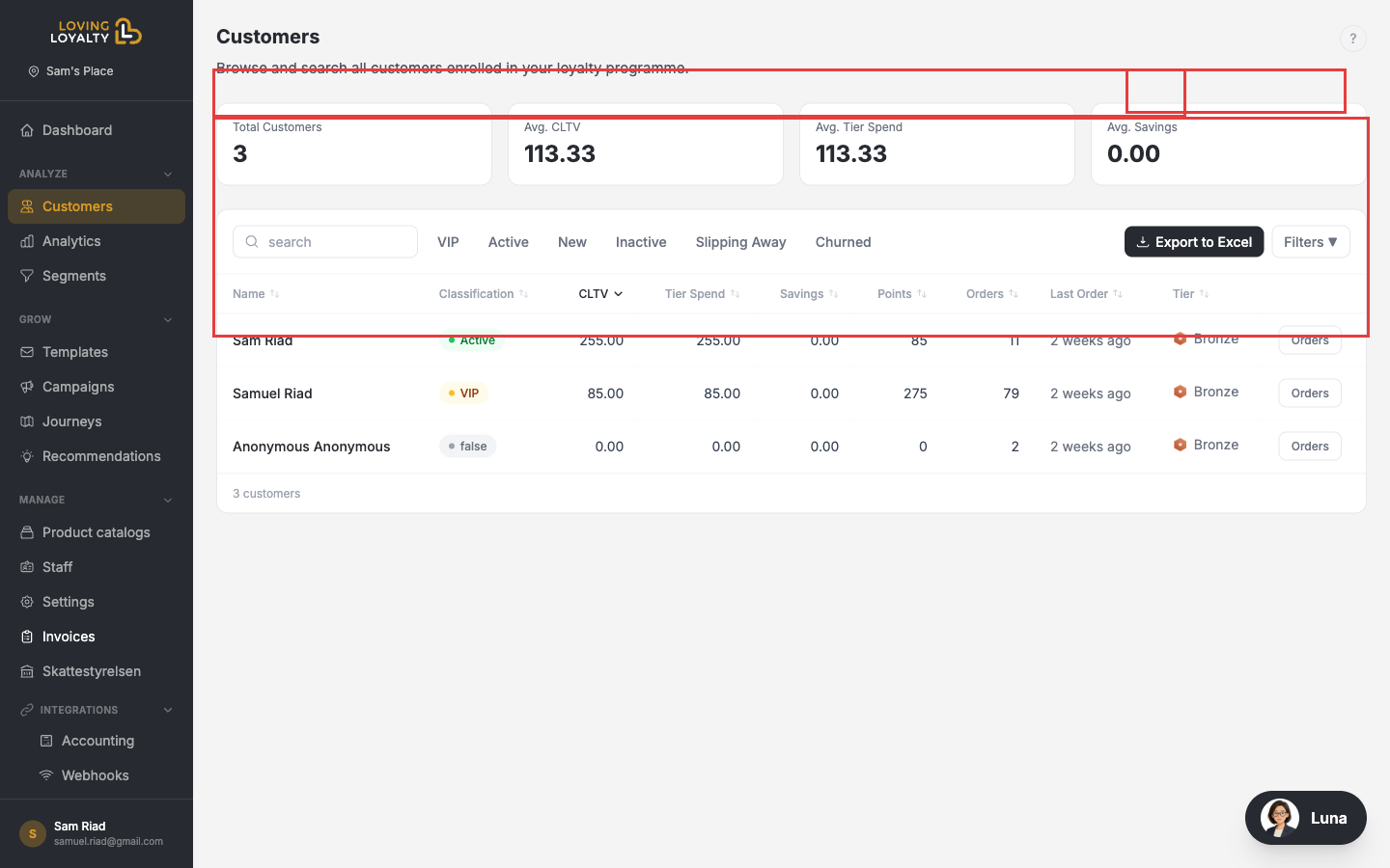 Customers page showing filter tabs, customer list with tier, spend, points, orders columns, and Export to Excel button