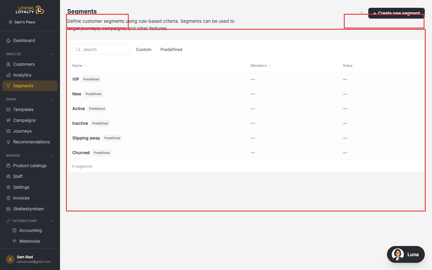 Segments page showing predefined segments: VIP, New, Active, Inactive, Slipping Away, Churned, and the Create new segment button
