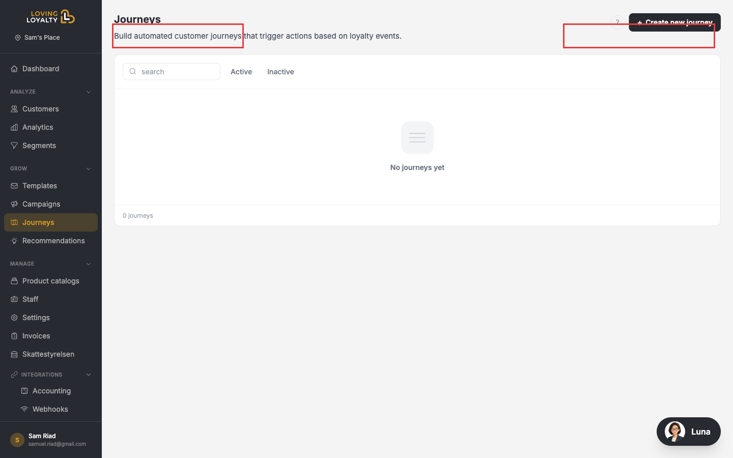 Journeys page showing Active and Inactive tabs and the Create new journey button