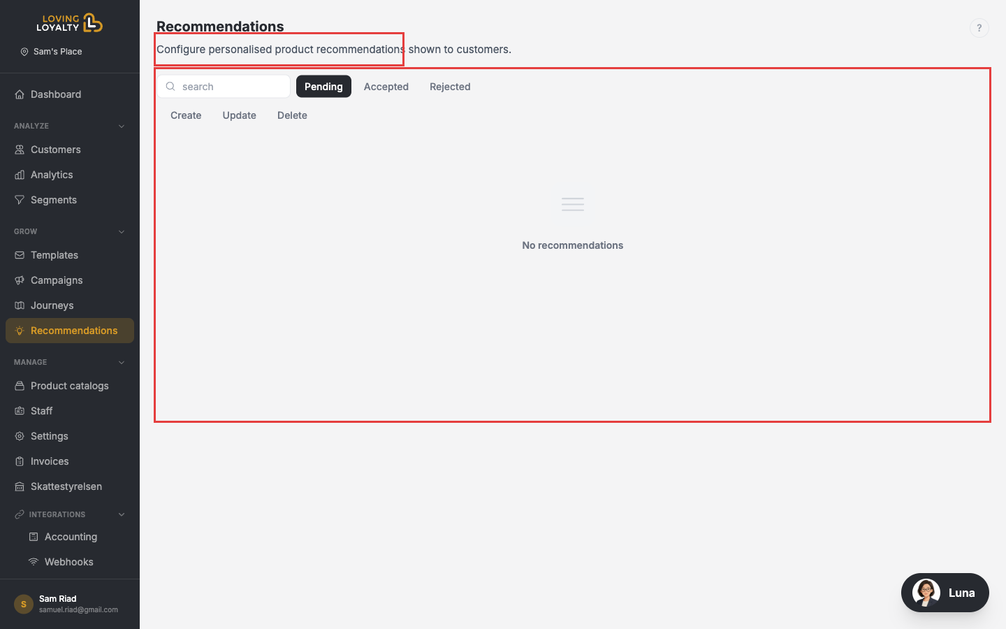 Recommendations page showing the AI analysis area and Accepted/Rejected tabs