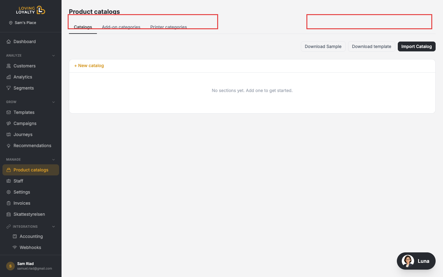 Product catalogs page showing Catalogs, Add-on categories, and Printer categories tabs, and the Import Catalog button