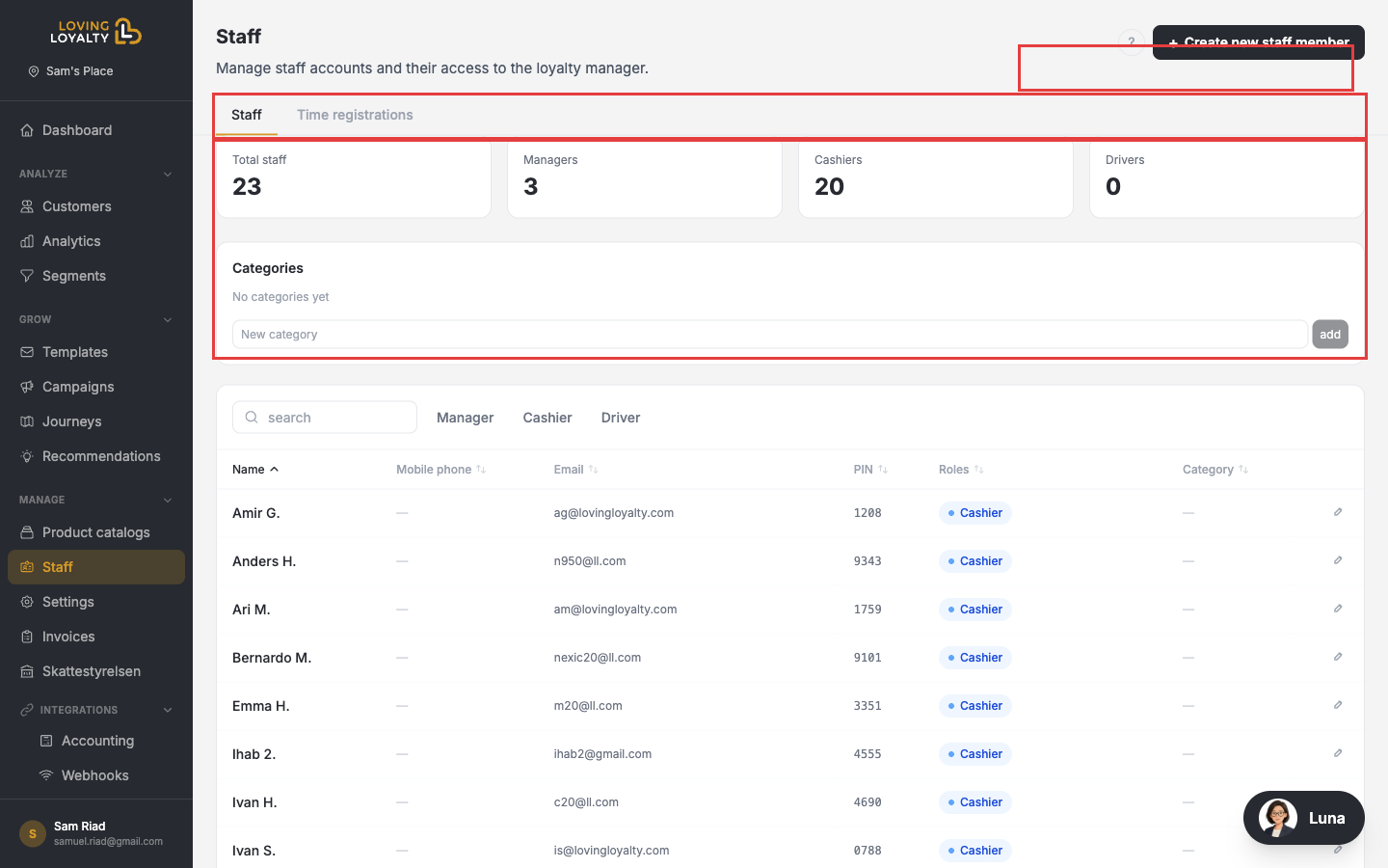 Staff page showing total staff count, a list of staff members with their roles and PINs, and the Create new staff member button