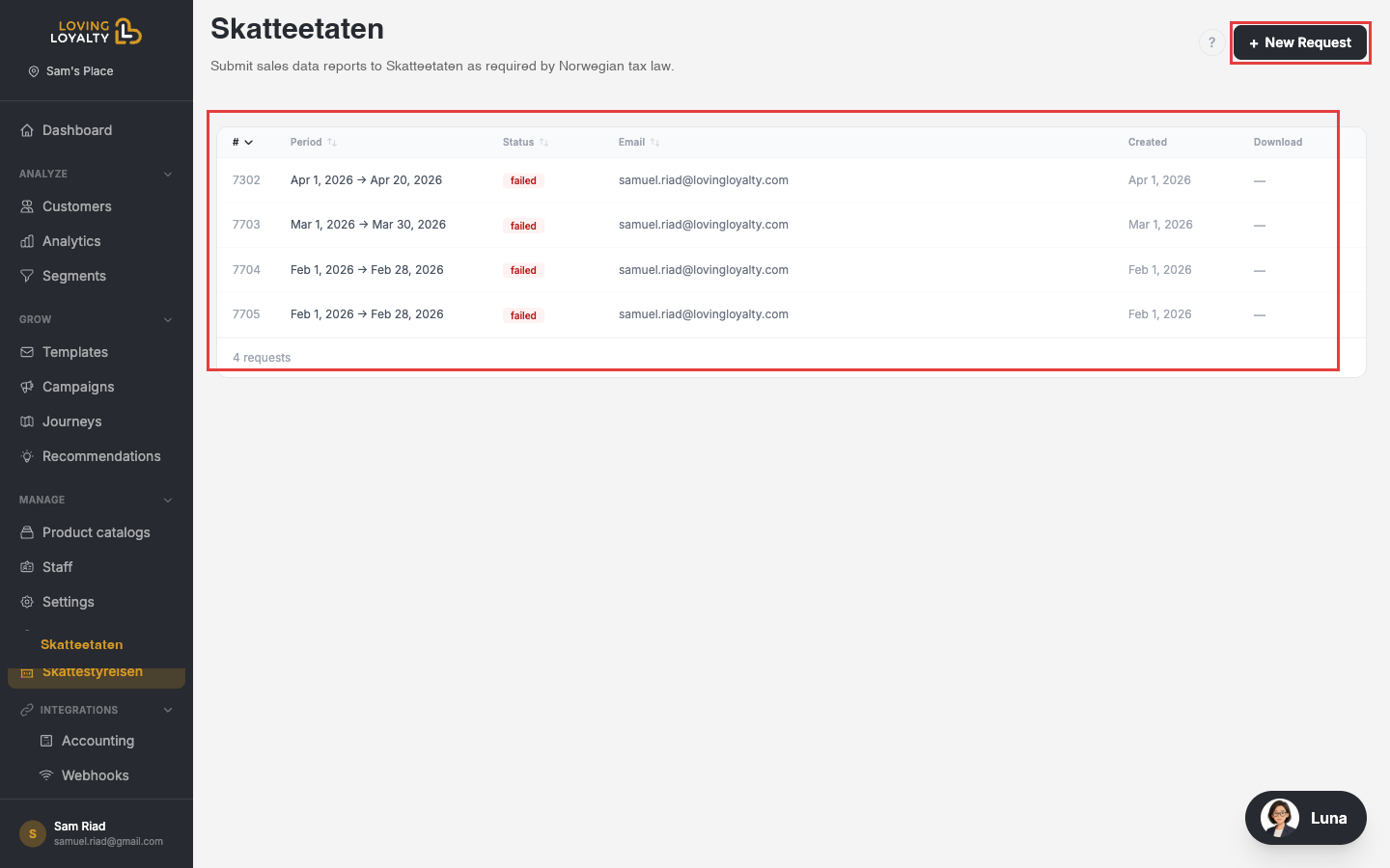 Skatteetaten page showing the request history table with Period, Status, Email, Created, Download columns, and the + New Request button
