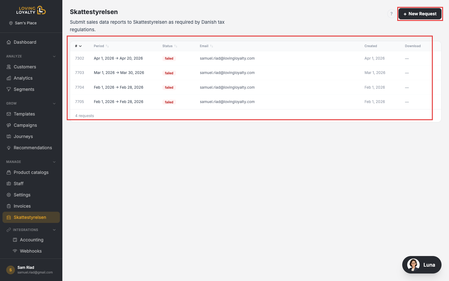 Skattestyrelsen page showing the request history table with Period, Status, Email, Created, Download columns, and the + New Request button