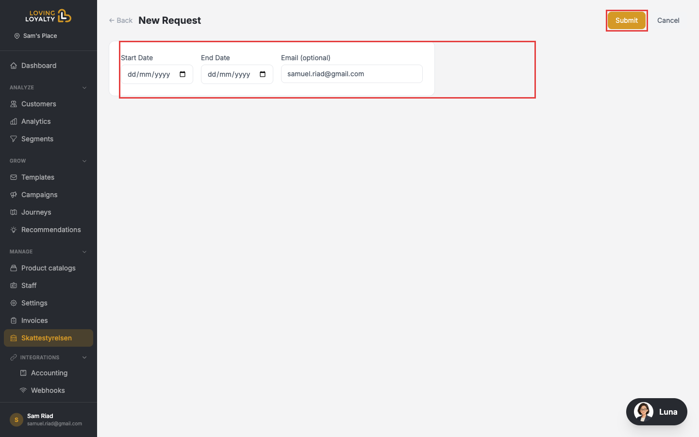 New Request form showing Start Date, End Date, Email fields and the Submit button