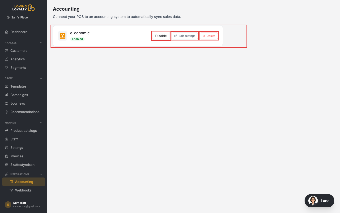 Accounting page showing e-conomic as Enabled with Disable, Edit settings, and Delete buttons highlighted