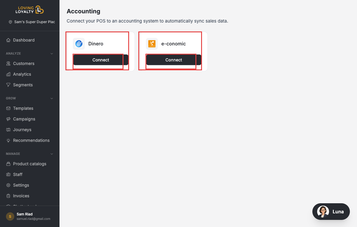 Accounting page showing Dinero and e-conomic with Connect buttons highlighted