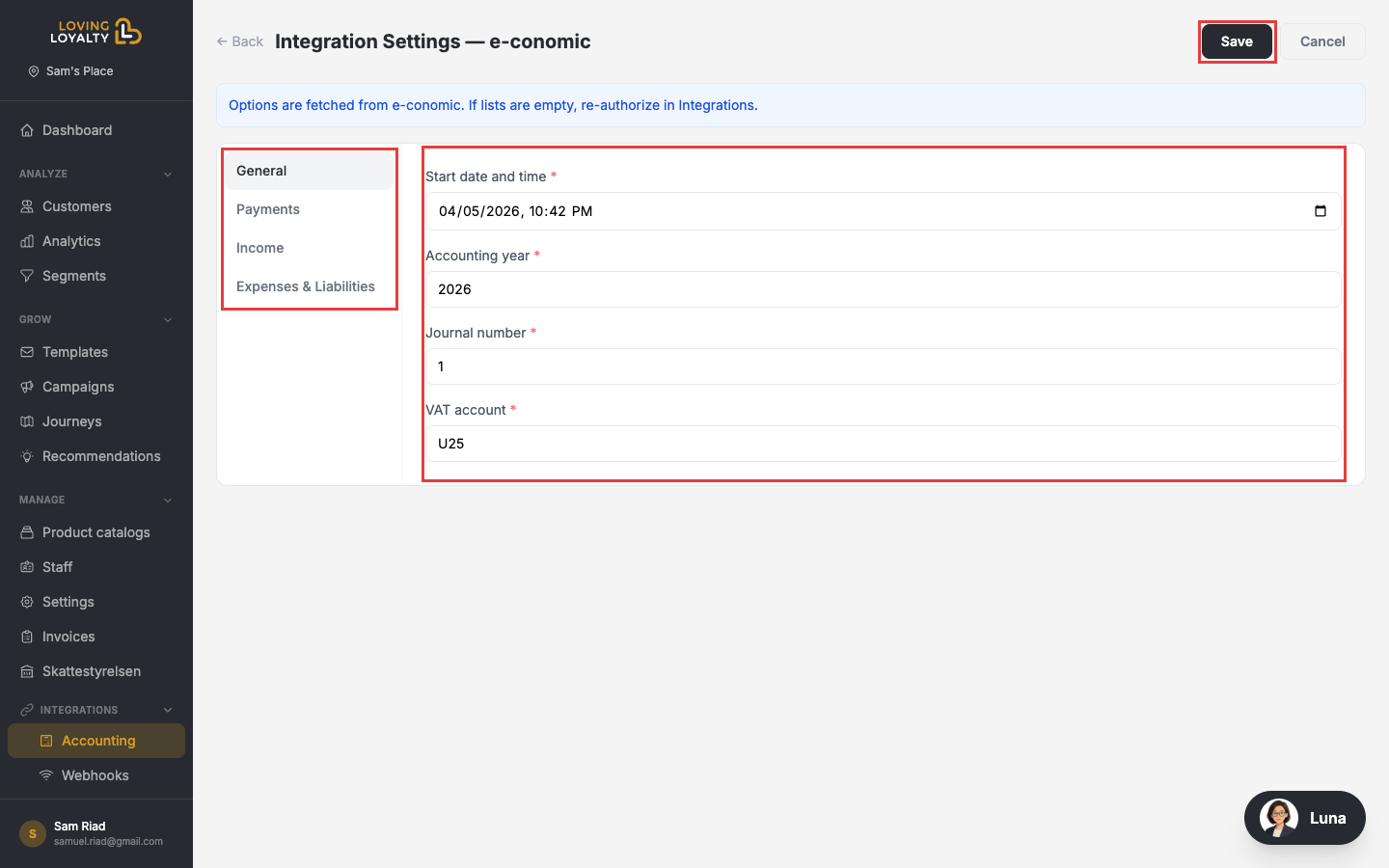 e-conomic settings page — tabs for General, Payments, Income, Expenses & Liabilities on the left; account fields and Save button on the right