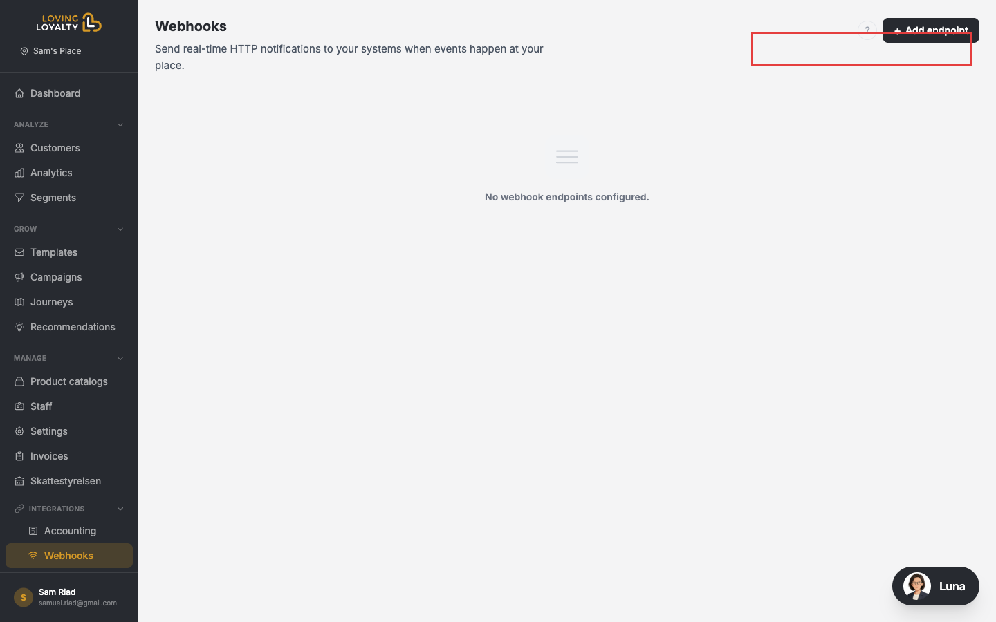 Webhooks page showing the Add endpoint button and empty endpoint list